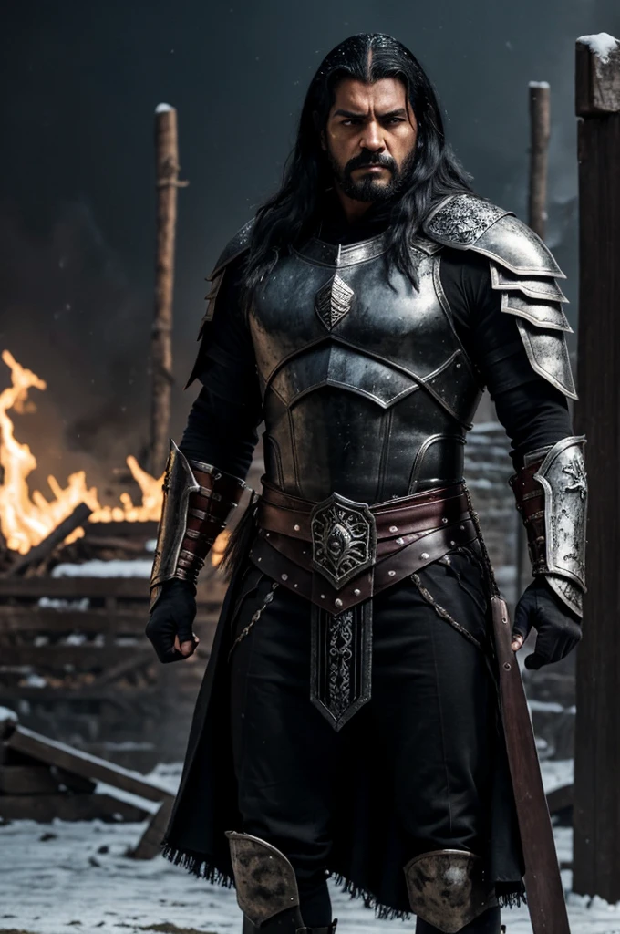 A dark and intimidating warrior, Hernán has an aura of danger and power. He's tall and sturdy, with obvious musculature. Her hair is black and shaggy, matching the dark eyes that hold an intense anger. His armor is dark and imposing, made of black metal with deep red details, reflecting his malevolent nature. His expression is one of pure malice and relentless determination.. Hernán exudes an oppressive presence, ready to destroy anyone who opposes him. the background is snow on the ground in a village that is on fire.