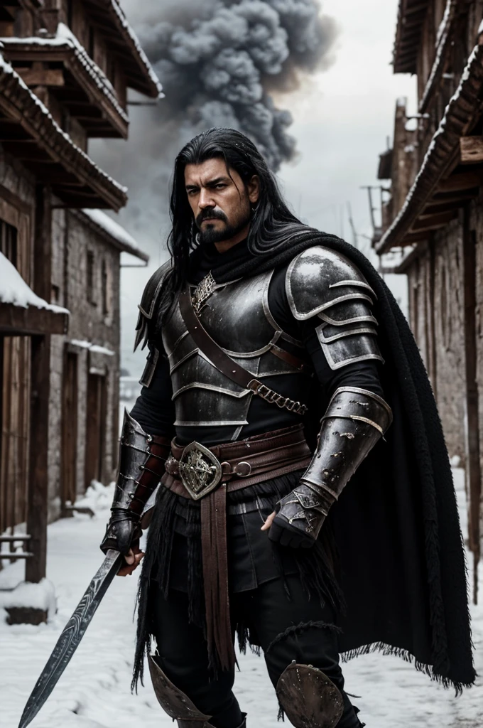 A dark and intimidating warrior, Hernán has an aura of danger and power. He's tall and sturdy, with obvious musculature. Her hair is black and shaggy, matching the dark eyes that hold an intense anger. His armor is dark and imposing, made of black metal with deep red details, reflecting his malevolent nature. His expression is one of pure malice and relentless determination.. Hernán exudes an oppressive presence, ready to destroy anyone who opposes him. the background is snow on the ground in a village that is on fire.