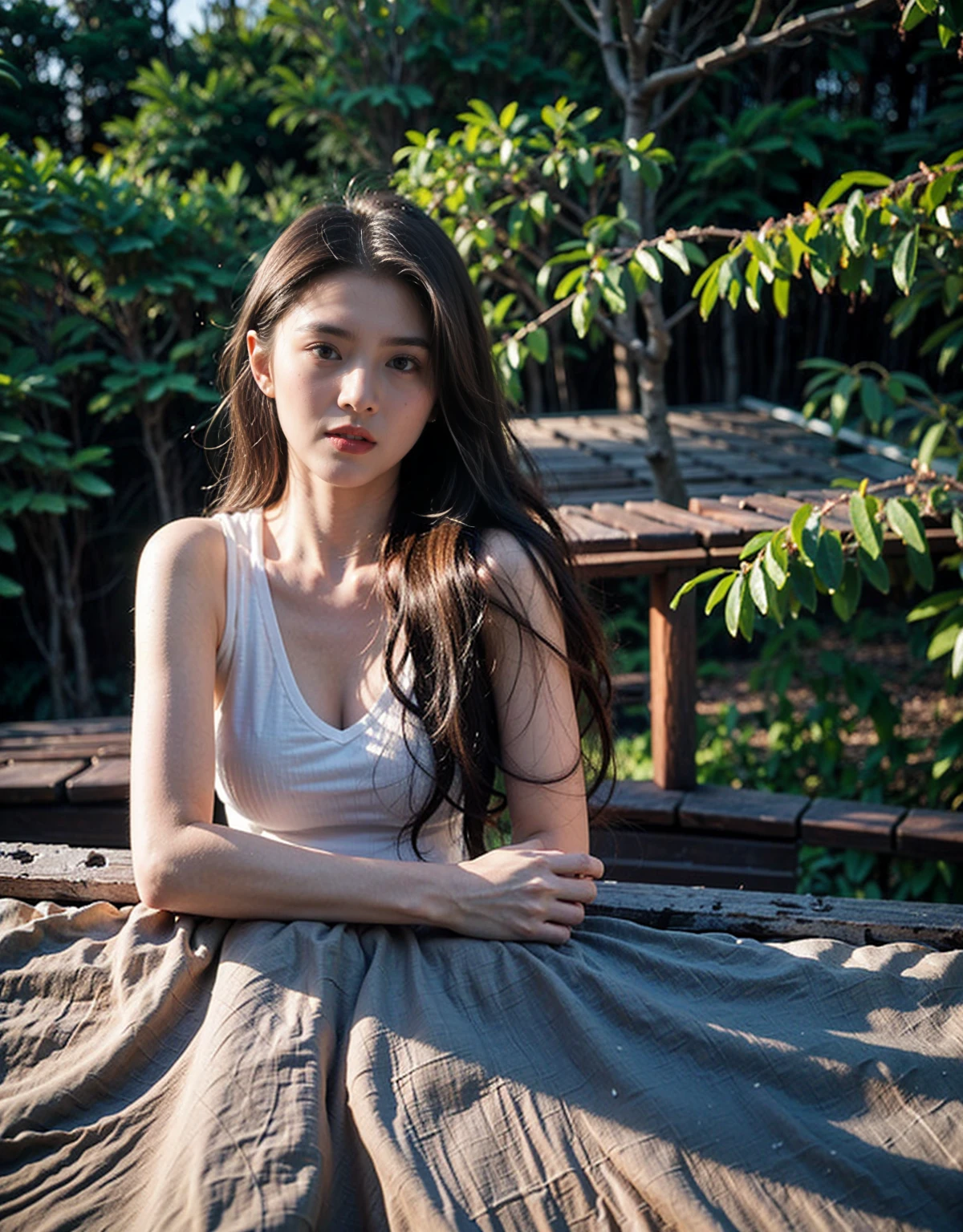 (1 Girl)、top-quality、masterpiece、超A high resolution、(Photorealsitic:1.4)、Raw photo、1人、Golden hair、glowy skin、(beautiful forest background)、Precipitous cliffs、(Small LED)、((super realistic details))、portlate、globalillumination、Shadow、octan render、8K、ultrasharp、Colossal 、Raw skin is exposed in cleavage