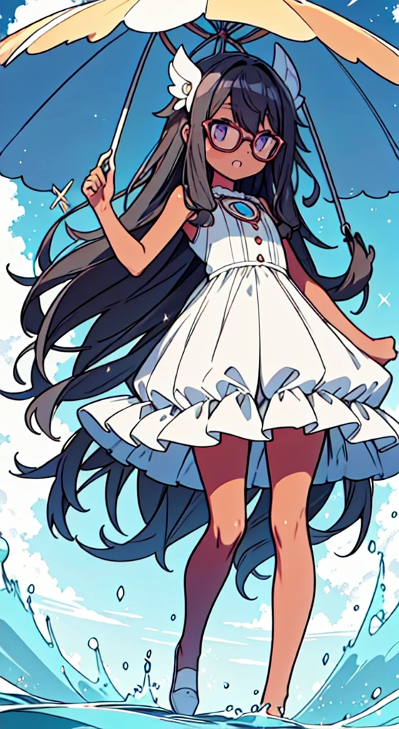 masuter piece, Best Quality,32K、Wallpaper, ultra -detail, Absurd beauty, 1Beautifulwoman、woman, Big eyes with sparkly、Hair fluttering in the wind、:O、thick long legs、Smaller head、miscievous smile、Angle looking up from below:1.3、Angle from which you can see the whole body, hair color purple, tan skin, circle glasses, brown skin