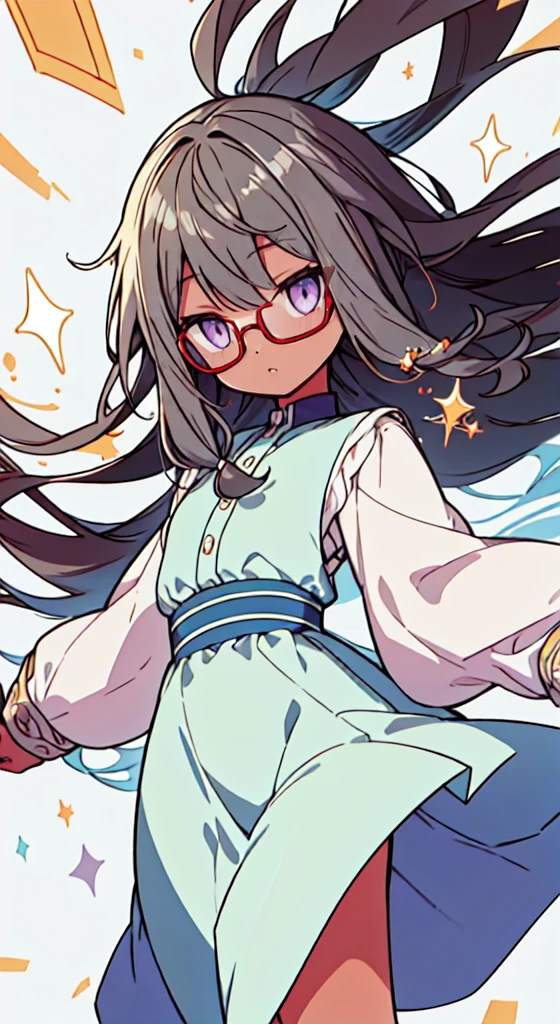 masuter piece, Best Quality,32K、Wallpaper, ultra -detail, Absurd beauty, 1Beautifulwoman、woman, Big eyes with sparkly、Hair fluttering in the wind、:O、thick long legs、Smaller head、miscievous smile、Angle looking up from below:1.3、Angle from which you can see the whole body, hair color purple, tan skin, circle glasses, brown skin