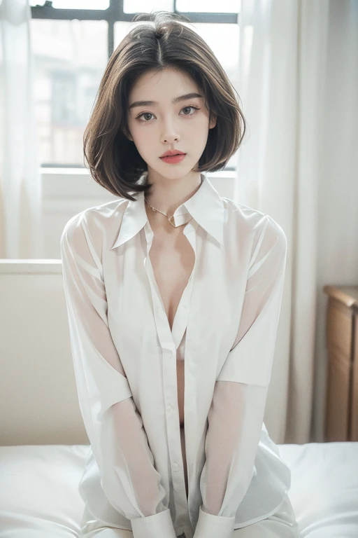 (Extremely detailed CG),(((8K))),wallpaper,((Extremely exquisite and beautiful)),(((masterpiece))),(((Best quality))),(((Ultra-high resolution))),Beautiful light,Realistic shadows,(Smooth and flawless fair skin:1.5),(Extremely delicate facial details:1.3),(Extremely detailed:1.5),((A beautiful girl,Solitary)),(Medium Length Straight Bob:1.5),(Small head:1.2),(Thin face:1.2),(Exquisite makeup:1.3),(blush:1.3),(Happy:1.2),(lol:1.2),(Perfect body:1.1),(Pale skin:1.3),((Slim,Thin)),(Small Breasts,:1.2),(flat chest:1.2),(White collar shirt:1.5),(White shirt underneath:1.3),(sit:1.3),(on the bed:1.3),(In the bedroom of a run-down hotel:1.3),(indoor:1.2),(Day scene:1.5),(Detailed background:1.5),(Close-up of face:1.3),(From the front:1.3)