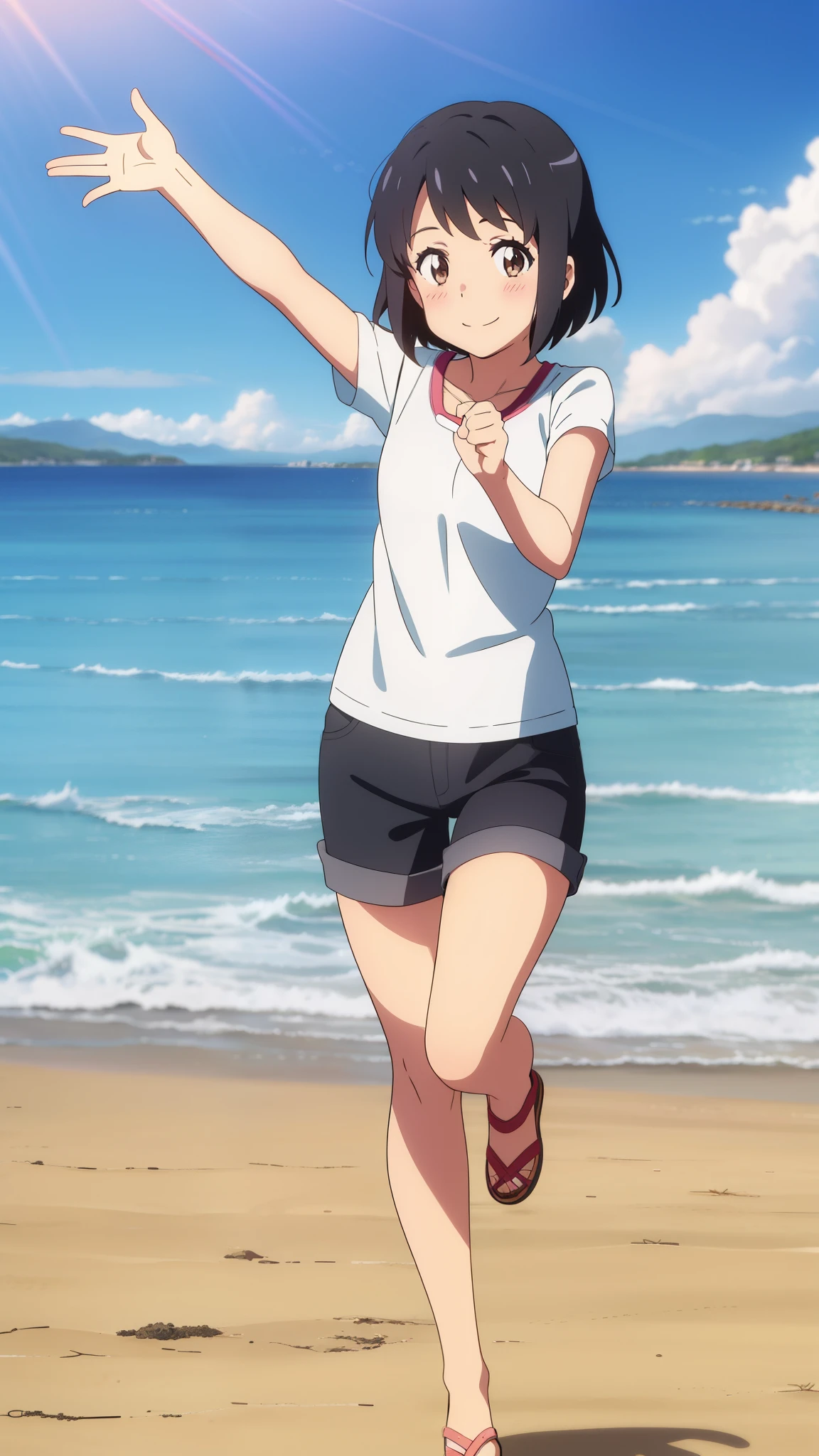 shinkai makoto, kimi no na wa., 1girl, bangs, black hair, blush, brown eyes, casual clothes, white t-shirt, black shorts, short hair, smile, cute, solo, looking at viewer, outdoors, summer, beach, cloudy, sunlight, dynamic pose, being delighted and cheerful
