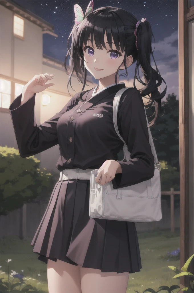 (masterpiece:1.3), (best quality:1.1), (8k, ultra detailed, ultra high res:1.2), ((anime style)), perfect 5 fingers, perfect anatomy, 
1girl,
Kanao Tsuyuri, 
BREAK long hair, side ponytail, 
black hair, 
purple eyes, 
butterfly hair ornament, 
(medium breasts:0.9),  
BREAK purple shirt, pleated skirt, long sleeves white haori, 
smile, 
looking at viewer, 
cowboy shot, 
perfect light, 
outdoors, forest, field, night time, night sky, starry sky,