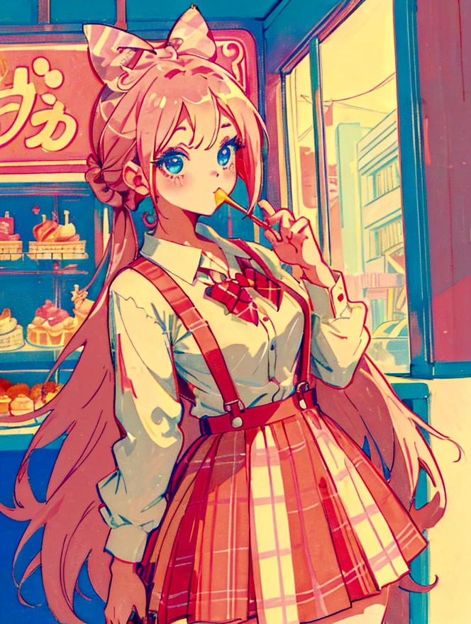 A cute girl,Anime art style,Head close-up,Big eyes with long eyelashes,Hair tied at the back,A big bow adorns a red and white box,She eats a lollipop in a retro dessert shop with a vintage neon sign,Surrounded by colorful desserts poster。She has blue eyes and fair skin.。She was wearing a red and white plaid suspender skirt,A bow is tied around the neck。Bright colors,Strong contrast,Kawaii punk aesthetic