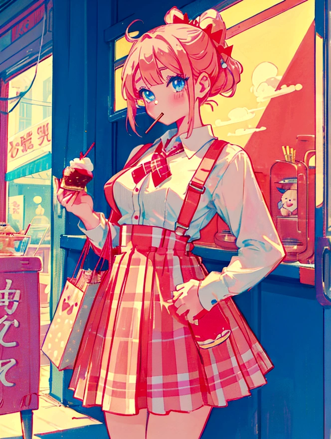 A cute girl，Anime art style，Head close-up，Big eyes with long eyelashes，Hair tied at the back，A big bow adorns a red and white box，She eats a lollipop in a retro dessert shop with a vintage neon sign，Surrounded by colorful desserts poster。She has blue eyes and fair skin.。She was wearing a red and white plaid suspender skirt，A bow is tied around the neck。Bright colors，Strong contrast，Kawaii punk aesthetic