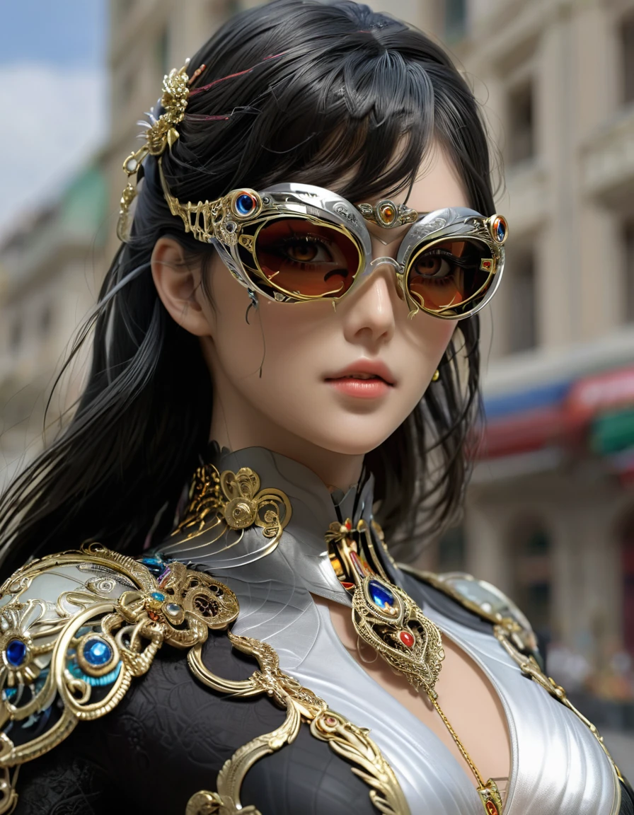 Fille Bayonetta hyperréaliste ,porte des lunettes allongées de forme complexe très détaillé et pointue, lunette de forme complexes fractales 