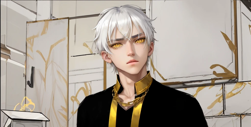 17 year old teenager yellow eyes white hair black clothes with gold