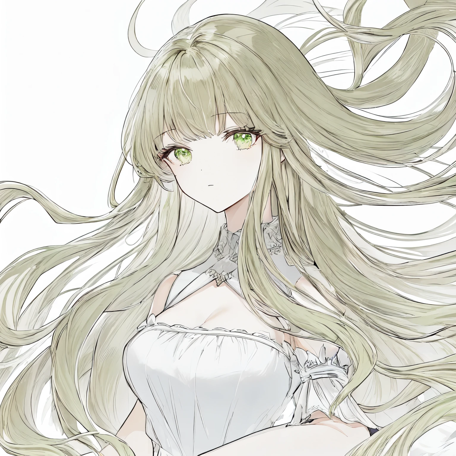 1 girl, 18 years old, long hair, two bangs of hair in the face, brown hair, green eyes, gradient, green aura, red ruffled dress, 2d, masterpiece, best quality, anime, highly detailed face, white background, perfect lighting, looking at viewver, portrait,