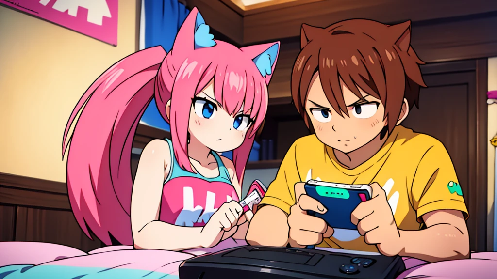 (Junkotvv a girl con orejas de gato) and (neocruz a boy con barba y sin orejas de gato), playing video games together in a room full of 80s style anime and posters in neon tones with video game controllers in their hands and enjoying