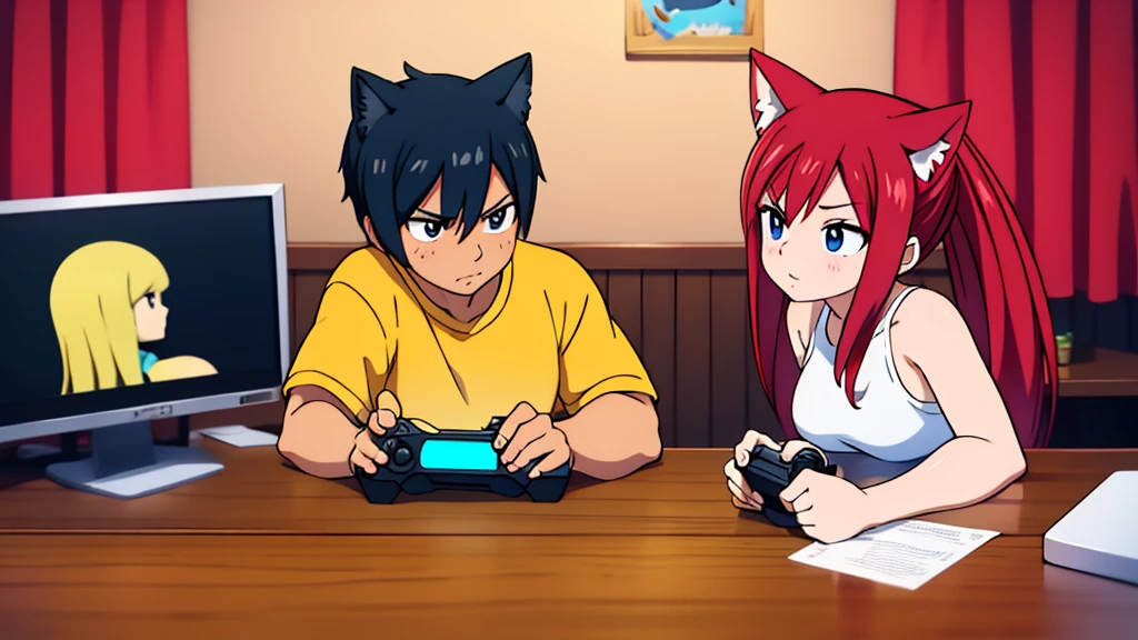 (Junkotvv a girl con orejas de gato) and (neocruz a boy con barba y sin orejas de gato), playing video games together in a room full of 80s style anime and posters in neon tones with video game controllers in their hands and enjoying