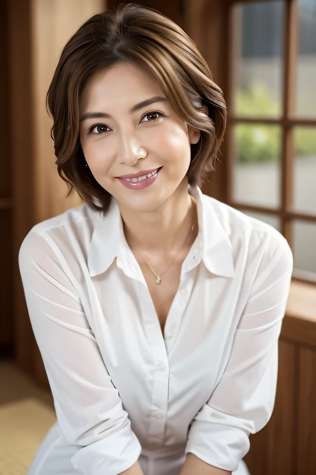 8K, Highest quality, masterpiece, Realistic, Realistic, Very detailed, Natural light, 1 Japanese female, 40 years old, Slightly brown-haired, short hair, White shirt, (Lean forward to look into the camera), Detailed bending forward, Underwear and shirt, , Open neckline shirt with details, Her cleavage is visible, A refreshing smile, A friendly smile, Happy emotion smiley faces, Very detailedな顔と肌, Very detailedな目, Very detailedな顔と肌, Very detailed smile,