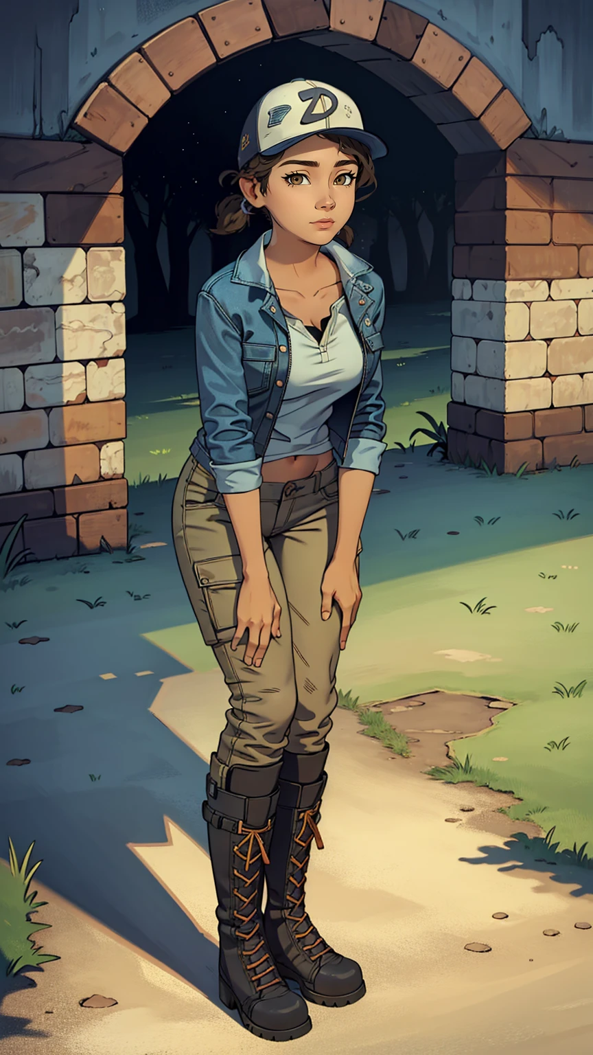 ((masterpiece, best quality)),(complex lighting) ,solo,(((1girl))) ,clementine, light skin,light-skinned female, baseball cap, green cargo pants, brown eyes, tight pants, combat boots, shirt, short hair, one short ponytail, open denim jacket, huge butt, thicc butt , (((8k))), (((full body))), (((bent over))), (((looking at the viewer))), big butt