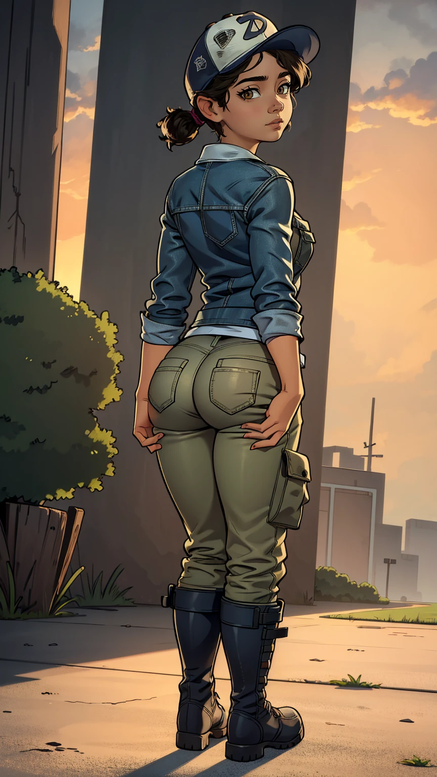((masterpiece, best quality)),(complex lighting) ,solo,(((1girl))) ,clementine, light skin,light-skinned female, baseball cap, green cargo pants, brown eyes, tight pants, combat boots, shirt, short hair, one short ponytail, open denim jacket, huge butt, thicc butt , (((8k))), (((full body))), (((bent over))), (((looking at the viewer))), big butt