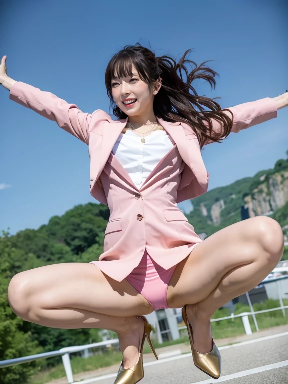 (RAW Photos:1.2), (Realistic:1.4),Beautiful detailed woman,非常にfine grainと顔, fine grain, Very detailed,High resolution, Very detailed,Highest quality,Unified,8k wallpaper,masterpiece,Highest quality,1 female,alone,rich,Whole Body Ezbian,(A little thick:0.9),Toned figure,,Tight waist,alone,(Pink one piece suit,mini skirt,High heels),Jewelry Necklace,Medium Long Hair,Spread your arms and legs and jump high:1.5、A kind smile,Realistic,On the Plateau
