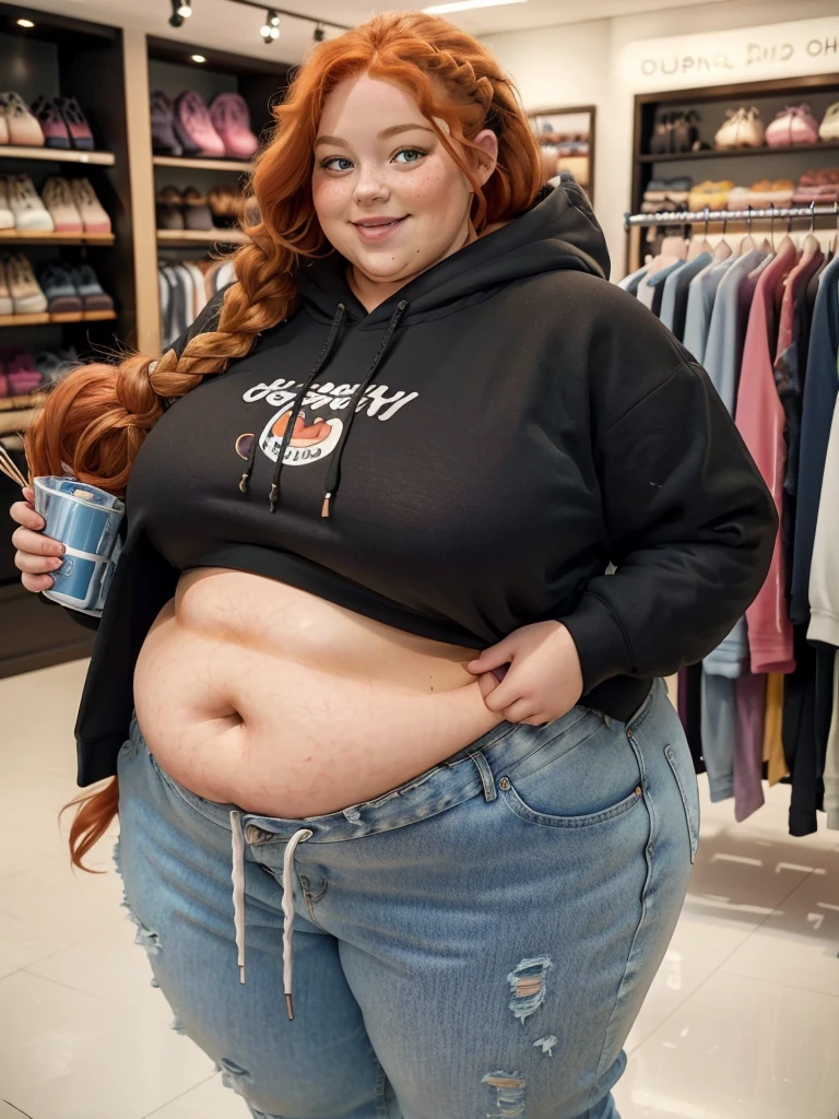 A happy photo of a young cute redhead bbw with long wavy ginger braided hair, huge soft fat belly, wide fat obese hips, thick fat legs and fat arms, cute pretty face, small breasts, blue eyes, freckles, in a cute tight hoodie with a little belly showing under it, and long ripped jeans trousers, shopping new hoodies in a clothes shop