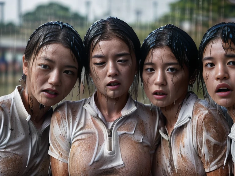 (A plain white short sleeved dirt stained field hockey uniform with a very tight white half zip:1.7)、(A large, dirt-stained, white, square collar: 1.6)、(Red clay ground:1.5)、My hair is wet and messy、(Beautiful Japanese woman covered in dirt:2.2)、Highest quality, masterpiece, Ultra-high resolution, Photorealistic, Raw Photos,Detailed face,(All women with muscular arms:2.0), (Fastener open: 1.8), (Upper body zoom up:1.0),(Everyone wears the same clothes:1.0), All members are super beauties, (Group photo of beautiful Japanese women standing huddled together: 1.5), (Hair tied up: 1.4), (Exhausted expression: 2.1), Bright photo, (Soaked from head to torrential rain: 2.0)
