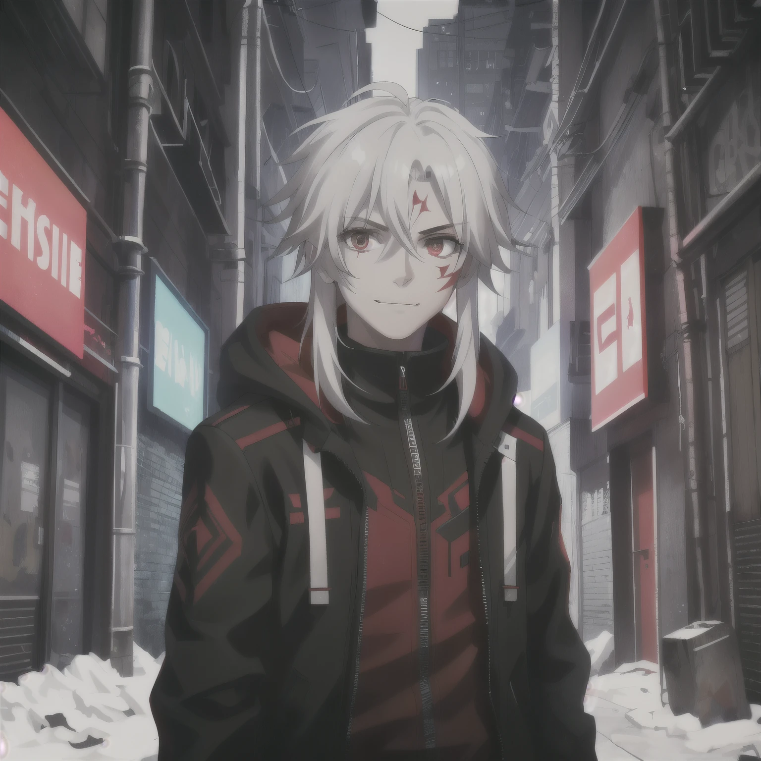 (high-quality, breathtaking),(expressive eyes, perfect face) portrait, Symmetrical Eyes, 1boy, male, teenager, solo, looking at viewer, portrait, simple background, white background, apocalyptic theme, ruined city buildings, alleyway, allen walker, red eye color, white hair, scar, facial mark, halfbody shot, long hair length, confident expression, charming, black and red jacket, hood, red trim, smirk, cyberpunk clothing, Abzu, cowboy shot
