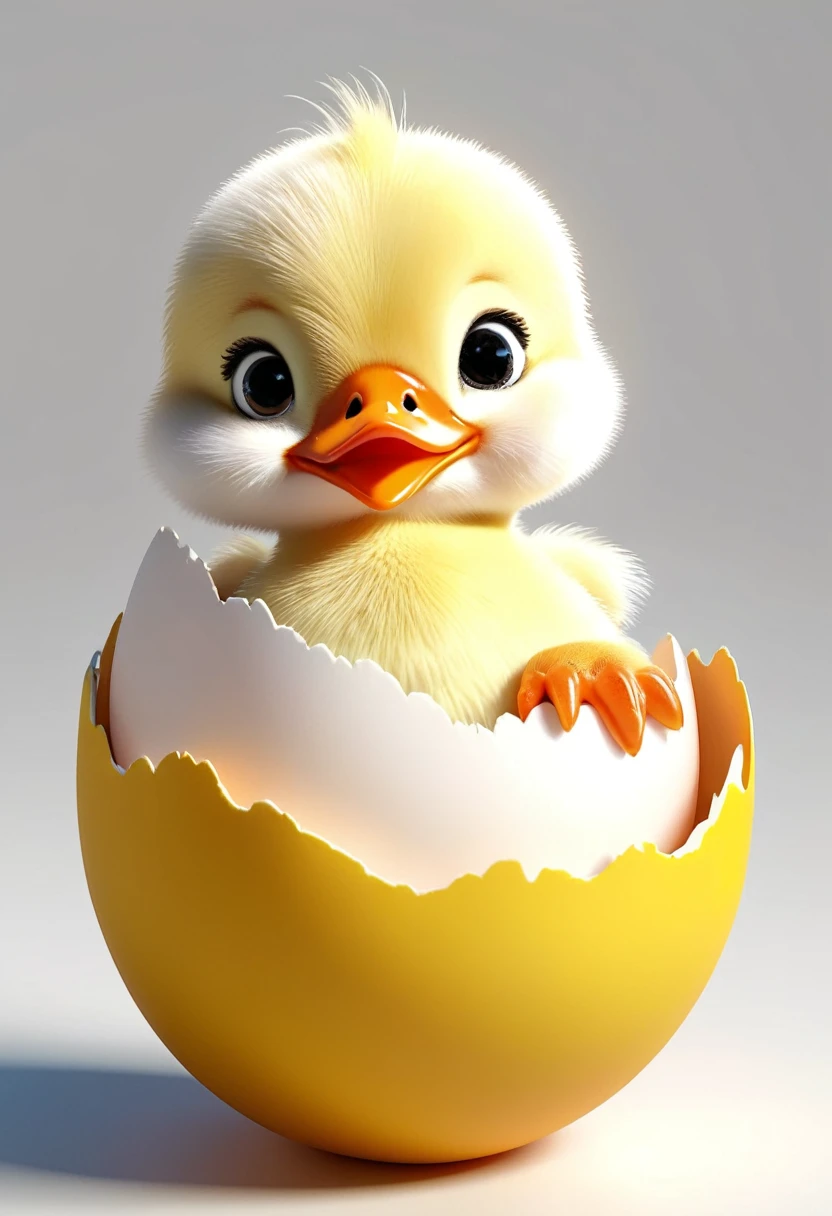(A cute, chubby, fluffy duckling poking its head out of an eggshell, 3D characters, white background, chibi style, fluffy, cartoon style, masterpiece, best quality, 4k, 8k, highres, ultra-detailed, realistic, photorealistic, photo-realistic:1.37, vibrant colors, soft lighting, adorable, whimsical, endearing)