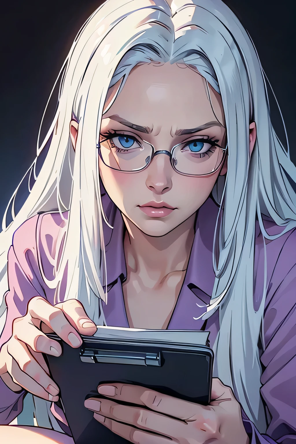 (close up, portrait, digital art, digital illustration, 4K, 8K, super detailed, beautiful images, clear image, realistic, RAW photo, perfect face, perfect lines, perfect eyes, soft lighting) ,1 female,(long white hair,35 years old,(hospice background),adult woman,sitting,scary doctor,glasses,clipboard,pale skin,blue eyes,closed lips,serious,menancing,apathetic,scary,sexy,looking at the viewer, sitting