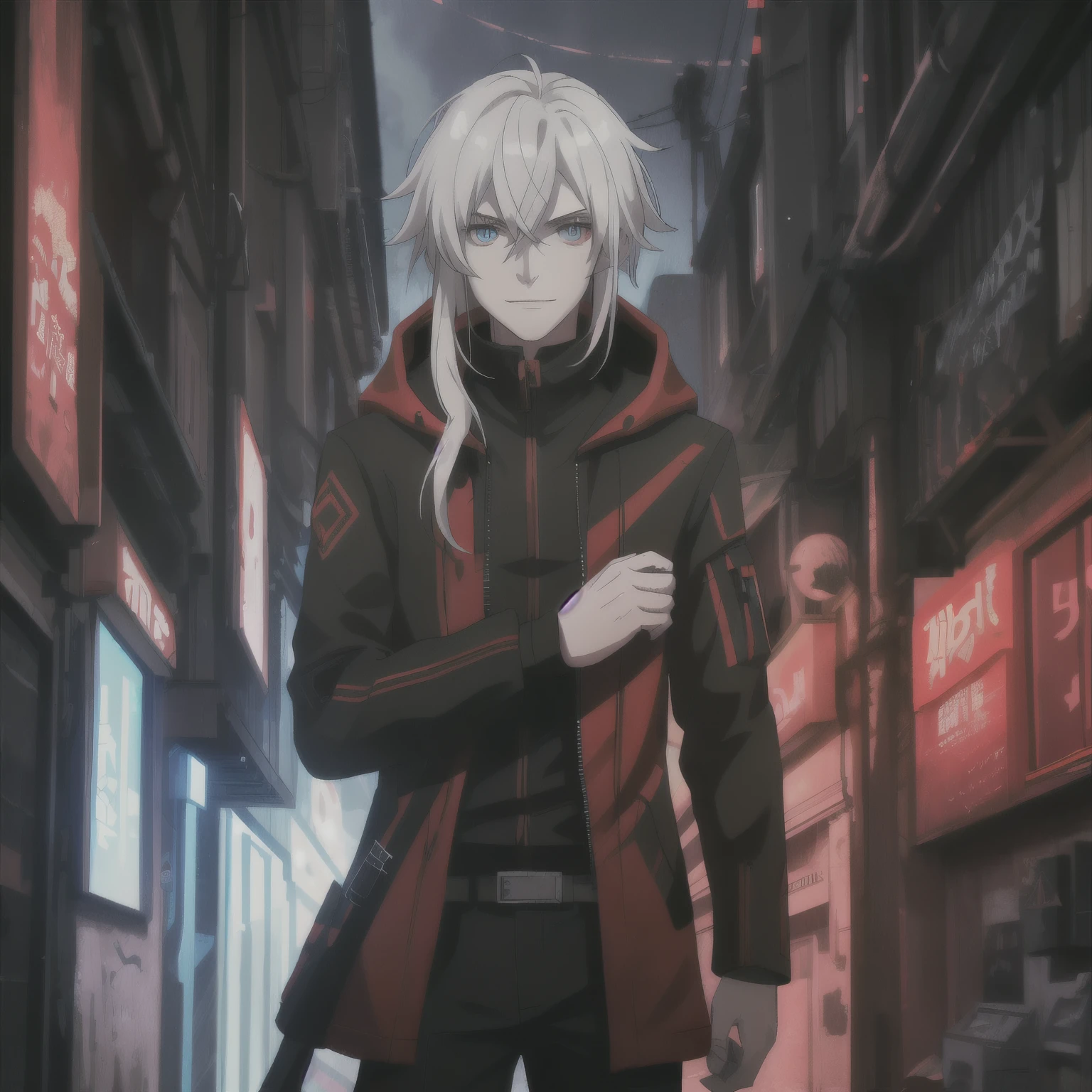 (high-quality, breathtaking),(expressive eyes, perfect face) portrait, Symmetrical Eyes, 1boy, male, teenager, solo, looking at viewer, portrait, simple background, white background, apocalyptic theme, ruined city buildings, alleyway, allen walker, red eye color, white hair, scar, facial mark, halfbody shot, long hair length, confident expression, charming, black and red jacket, hood, red trim, smirk, cyberpunk clothing, Abzu, cowboy shot
