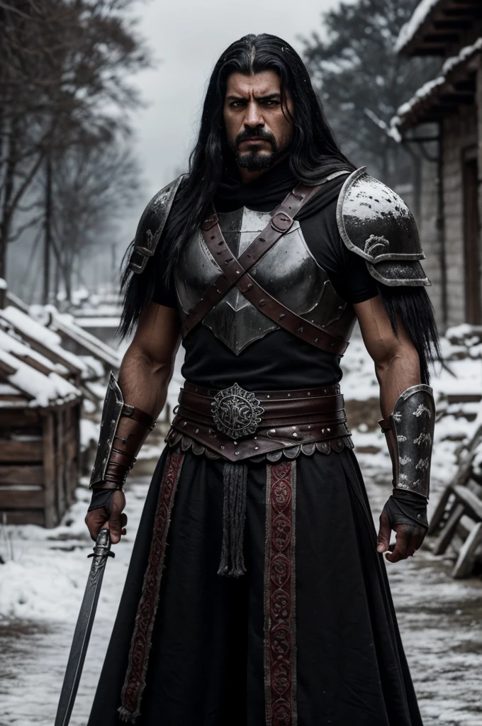 A dark and intimidating warrior, Hernán has an aura of danger and power. He's tall and sturdy, with obvious musculature. Her hair is black and shaggy, matching the dark eyes that hold an intense anger. His armor is dark and imposing, made of black metal with deep red details, reflecting his malevolent nature. His expression is one of pure malice and relentless determination.. Hernán exudes an oppressive presence, ready to destroy anyone who opposes him. the background is snow on the ground in a village that is on fire. focus on Hernán's face and the background on fire