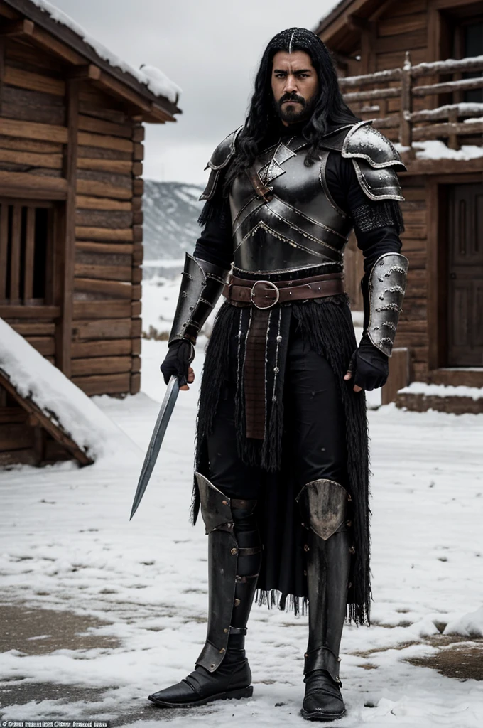 A dark and intimidating warrior, Hernán has an aura of danger and power. He's tall and sturdy, with obvious musculature. Her hair is black and shaggy, matching the dark eyes that hold an intense anger. His armor is dark and imposing, made of black metal with deep red details, reflecting his malevolent nature. His expression is one of pure malice and relentless determination.. Hernán exudes an oppressive presence, ready to destroy anyone who opposes him. the background is snow on the ground in a village that is on fire. focus on Hernán's face and the background on fire