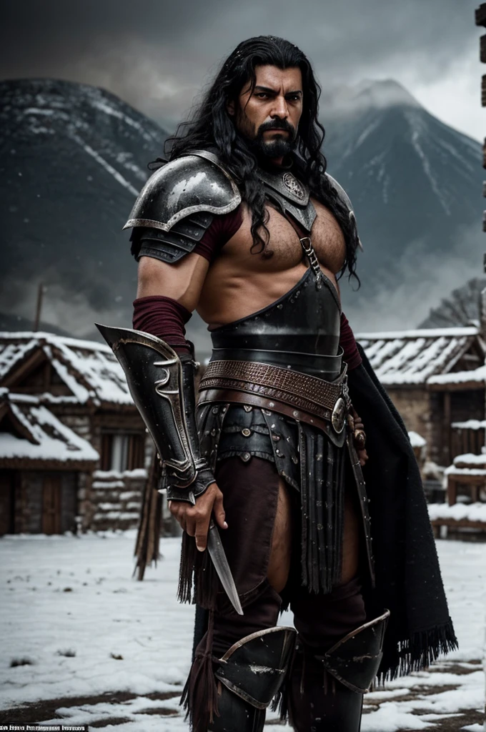 A dark and intimidating warrior, Hernán has an aura of danger and power. He's tall and sturdy, with obvious musculature. Her hair is black and shaggy, matching the dark eyes that hold an intense anger. His armor is dark and imposing, made of black metal with deep red details, reflecting his malevolent nature. His expression is one of pure malice and relentless determination.. Hernán exudes an oppressive presence, ready to destroy anyone who opposes him. the background is snow on the ground in a village that is on fire. focus on Hernán's face and the background on fire