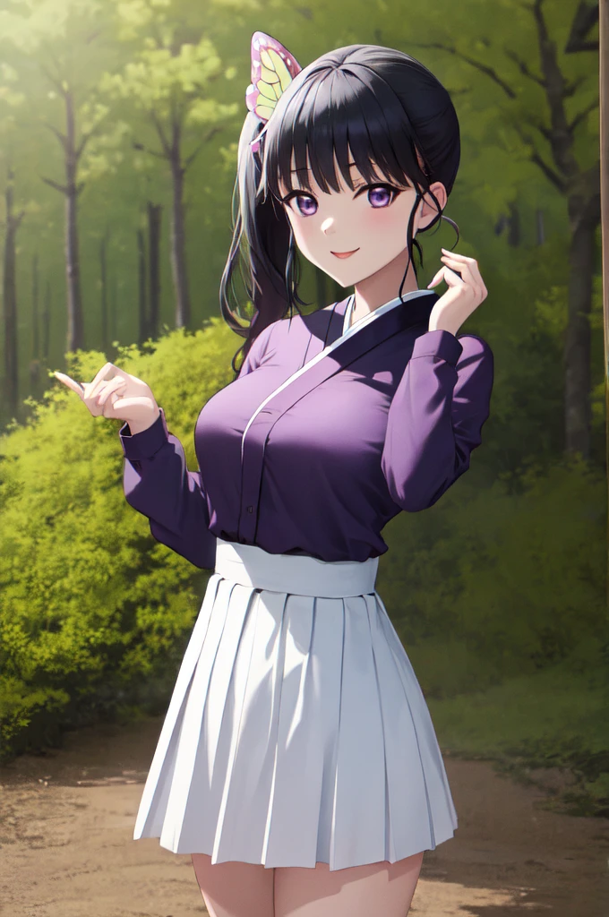 (masterpiece:1.3), (best quality:1.1), (8k, ultra detailed, ultra high res:1.2), ((anime style)), perfect 5 fingers, perfect anatomy, 
1girl,
Kanao Tsuyuri, 
BREAK long hair, side ponytail, 
black hair, 
purple eyes, 
butterfly hair ornament, 
(medium breasts:0.9),  
BREAK purple shirt, pleated skirt, long sleeves white haori, 
smile, 
looking at viewer, 
cowboy shot, 
perfect light, 
outdoors, forest, field, night time, night sky, starry sky,