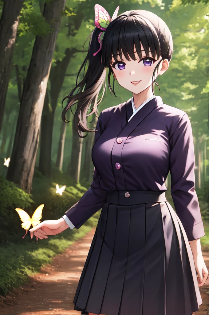 (masterpiece:1.3), (best quality:1.1), (8k, ultra detailed, ultra high res:1.2), ((anime style)), perfect 5 fingers, perfect anatomy, 
1girl,
Kanao Tsuyuri, 
BREAK long hair, side ponytail, 
black hair, 
purple eyes, 
butterfly hair ornament, 
(medium breasts:0.9),  
BREAK purple shirt, pleated skirt, long sleeves white haori, 
smile, 
looking at viewer, 
cowboy shot, 
perfect light, 
outdoors, forest, field, night time, night sky, starry sky,