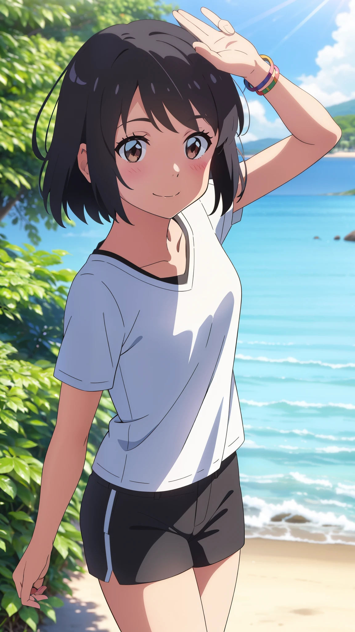 shinkai makoto, kimi no na wa., 1girl, bangs, black hair, blush, brown eyes, casual clothes, white t-shirt, black shorts, short hair, smile, cute, solo, looking at viewer, outdoors, summer, beach, cloudy, sunlight, dynamic pose, being delighted and cheerful