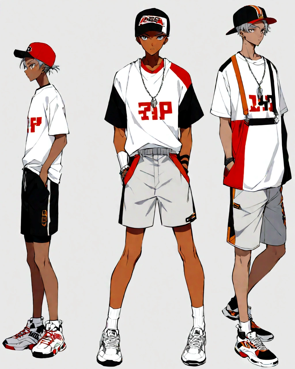 Create an anime-style illustration of a boy's should be a plain, light grayish-blue color to keep the focus on the character. background. The boy should be wearing a hip-hop style cap, tan shorts, white sneakers, and a white t-shirt featuring his team's colors. The overall look should convey a trendy and sporty vibe."