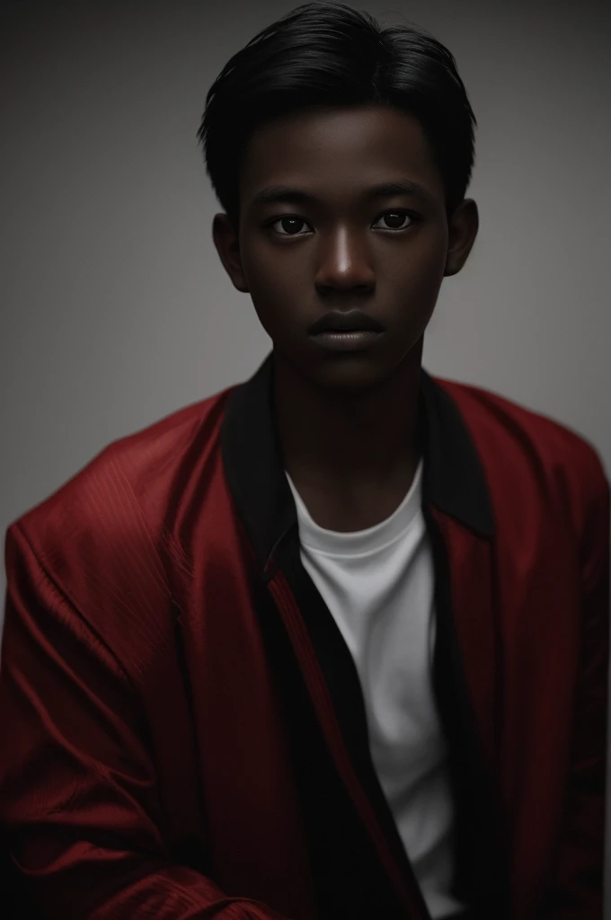 A young boy, dark skin, bored and sleepy, uniform, highly detailed portrait, red and black and white color theme, dramatic lighting, moody atmosphere, realistic, photorealistic, cinematic, masterpiece, hyperrealistic, chiaroscuro lighting, dramatic shadows, intricate details, sharp focus