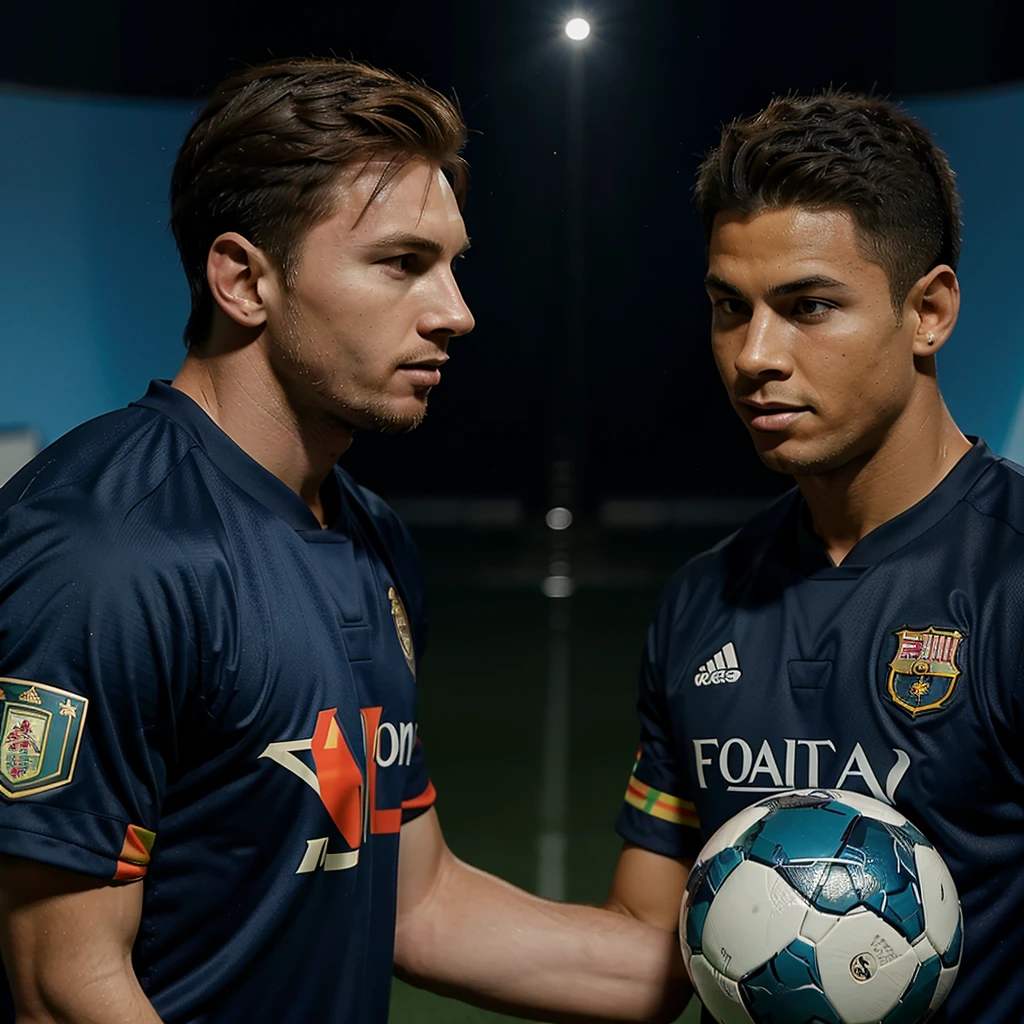 Messi and c.ronaldo face to face with efootball logo background