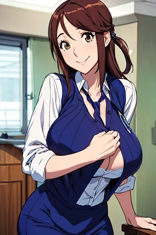 (masterpiece, best quality:1.2), Cowboy shooting, Solitary, 1 Girl, Iida, Smile, Shut up, Looking at the audience, , Vest, tie, Blue Skirt,,(((Full and soft breasts,)))(((Huge breasts))) (((Cleavage))) (Perfect curvy figure)Pencil Skirt