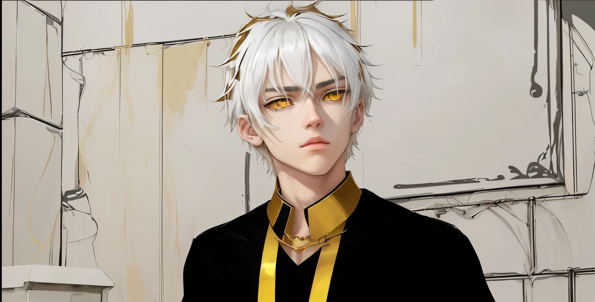 17 year old ager yellow eyes white hair black clothes with gold