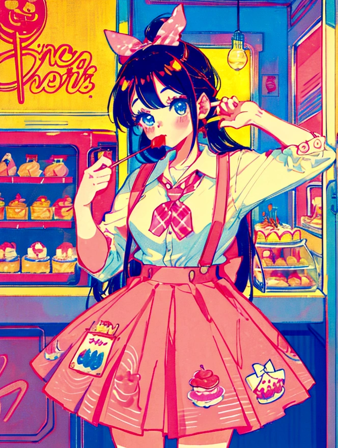 A cute girl，Anime art style，Head close-up，Big eyes with long eyelashes，Hair tied at the back，A big bow adorns a red and white box，She eats a lollipop in a retro dessert shop with a vintage neon sign，Surrounded by colorful desserts poster。She has blue eyes and fair skin.。She was wearing a red and white plaid suspender skirt，A bow is tied around the neck。Bright colors，Strong contrast，Kawaii punk aesthetic