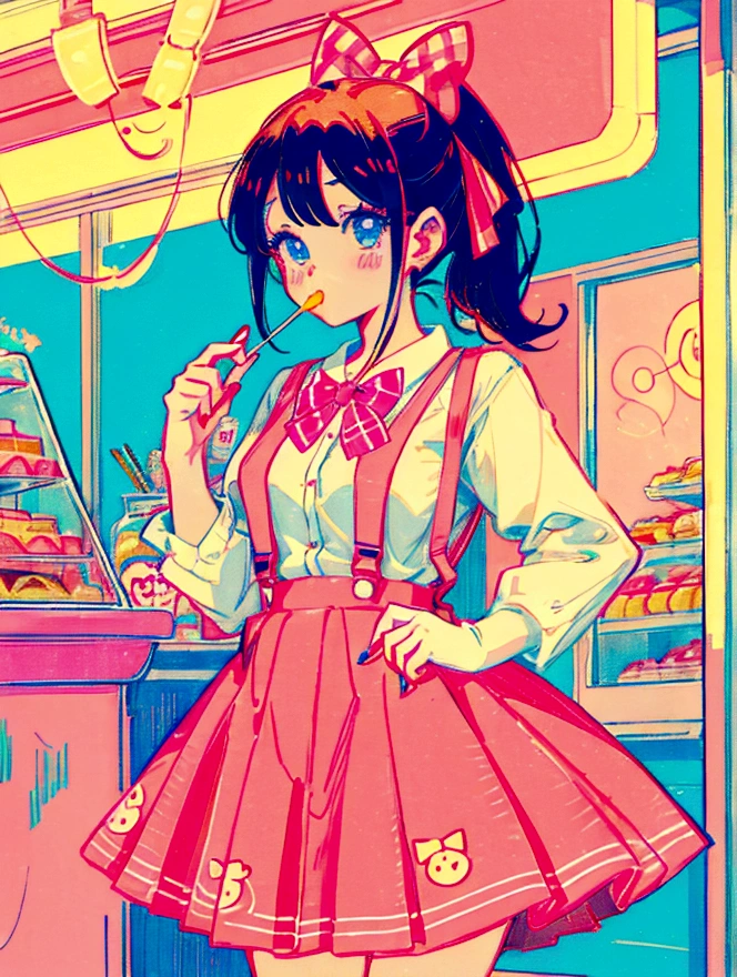 A cute girl，Anime art style，Head close-up，Big eyes with long eyelashes，Hair tied at the back，A big bow adorns a red and white box，She eats a lollipop in a retro dessert shop with a vintage neon sign，Surrounded by colorful desserts poster。She has blue eyes and fair skin.。She was wearing a red and white plaid suspender skirt，A bow is tied around the neck。Bright colors，Strong contrast，Kawaii punk aesthetic