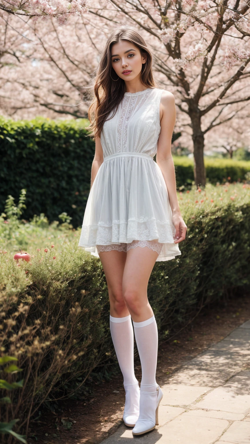 A beautiful european girl, Eve, wearing white organza dress, transparent dress, white transparent stockings, full body. She is 24 years old, has light brown hair, long hair, curly hair and light blue eyes. Her cloth is stylish and her overall appearance is stunning. The girl's face is extremely detailed with beautifully detailed lips. Her skin is anatomically correct with realistic textures. The image should have super high details and be of the best quality, with a resolution of 8K. The final result should be a masterpiece, showcasing the girl's beauty and the vibrant atmosphere of the garden and red apple trees