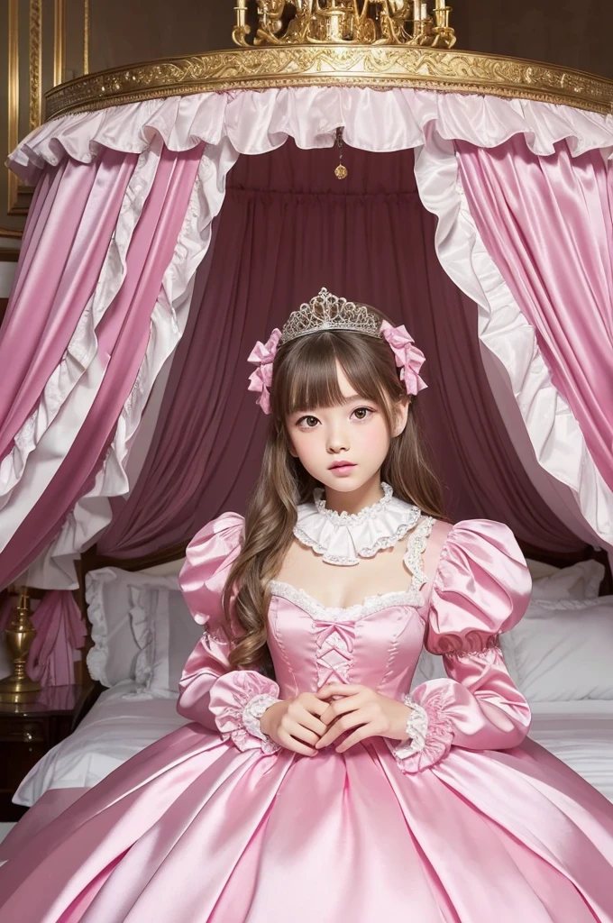 highest quality, masterpiece, highest resolution, artwork, super それにget used to it, many get used to it, get used to it, それにget used to it, 3k realistic pictures,,((10 year old little girls)),Ultra-detailed juvenile face,ultra-detailed beautiful little girls,girls are princess,full length ball gown dress with hoop skirt,ruffled yoke collar,puff sleeves,long sleeve,((Lolita style hot pink detailed princess satin dress with lots of ruffles and ribbons)),Rococo style lolita fashion,shiny satin dress,Soft and smooth fabric,detailed princess dress,luxury,long blonde hair,blue eyes,white skin european,Pajama,((in the bedroom of the palace)),luxury princess canopy king size pink bed,shiny satin sheets,ultra-detailed princess bed,High-quality background,lot of frilled pillows,on the bed,