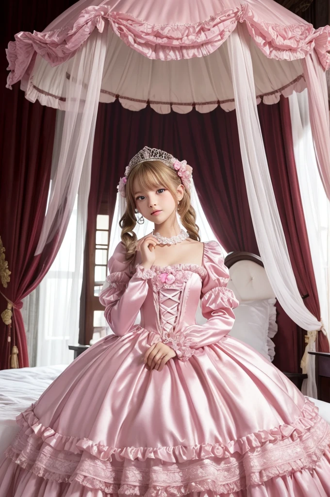 highest quality, masterpiece, highest resolution, artwork, super それにget used to it, many get used to it, get used to it, それにget used to it, 3k realistic pictures,,((10 year old s)),Ultra-detailed juvenile face,ultra-detailed beautiful little girl princess,full length ball gown dress with hoop skirt,ruffled yoke collar,puff sleeves,long sleeve,((Lolita style hot pink iled princess satin dress with lots of ruffles and ribbons)),Rococo style lolita fashion,shiny satinss,Soft and smooth fabric,detailed princess dress,luxury,long blonde hair,blue eyes,white skin european,Pajama,((in the bedroom of the palace)),luxury princess canopy king size pink bed,shiny satin sheets,ultra-detailed princess bed,High-quality background,lot of frilled pillows,on the bed,