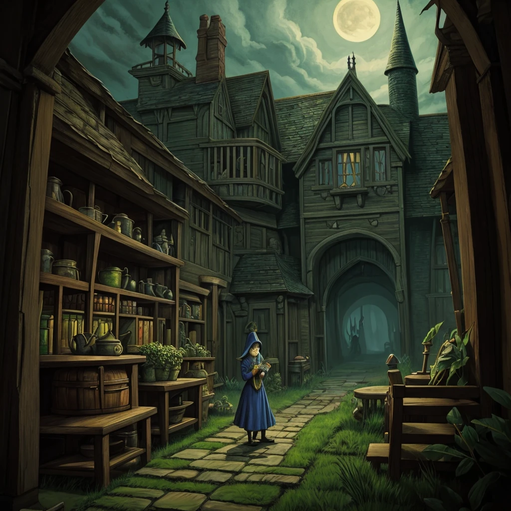 illustration for the tale of the wicked old witch, who brews a potion in her old gloomy house