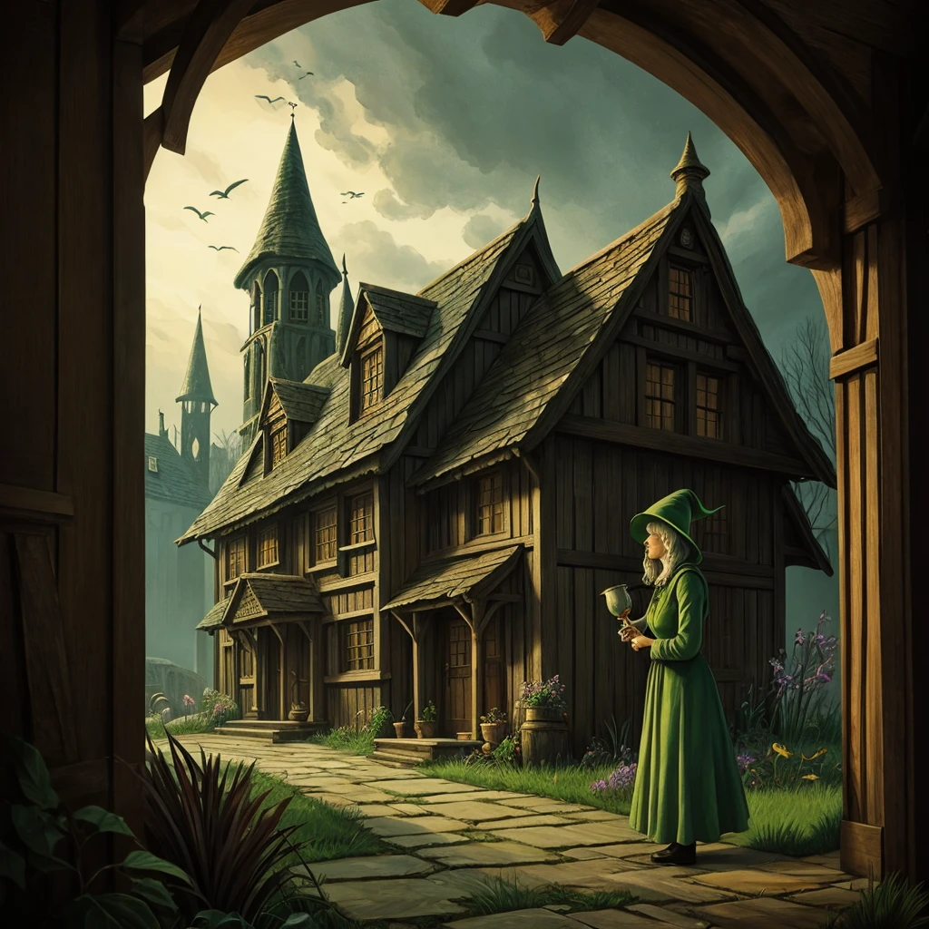 illustration for the tale of the wicked old witch, who brews a potion in her old gloomy house