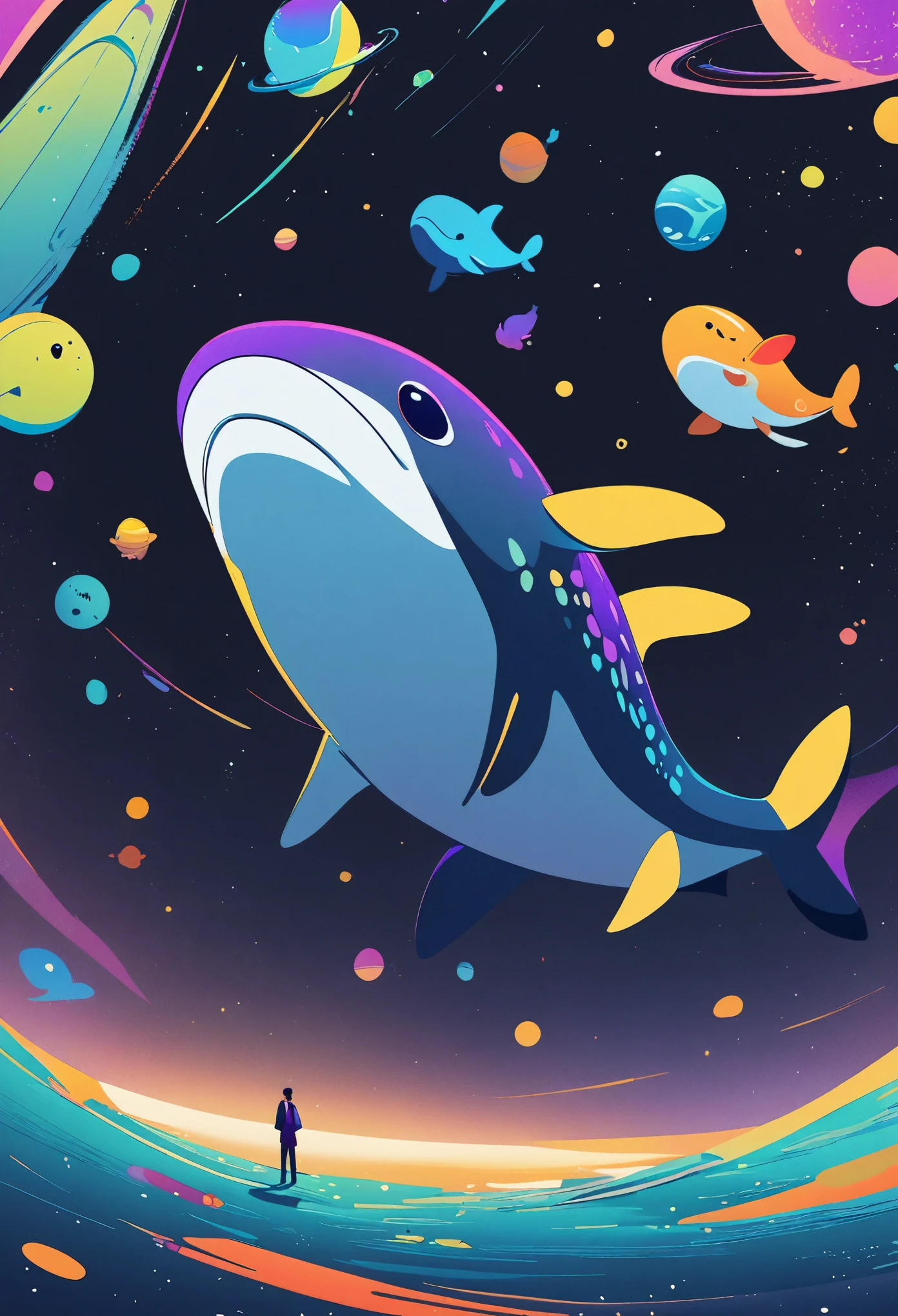 1 Boy,1 whale,Holding a notebook, Space Background,2d illustration, simple cartoon style, Animation illustration style, 2D digital illustration, Simple illustration,Rich colors