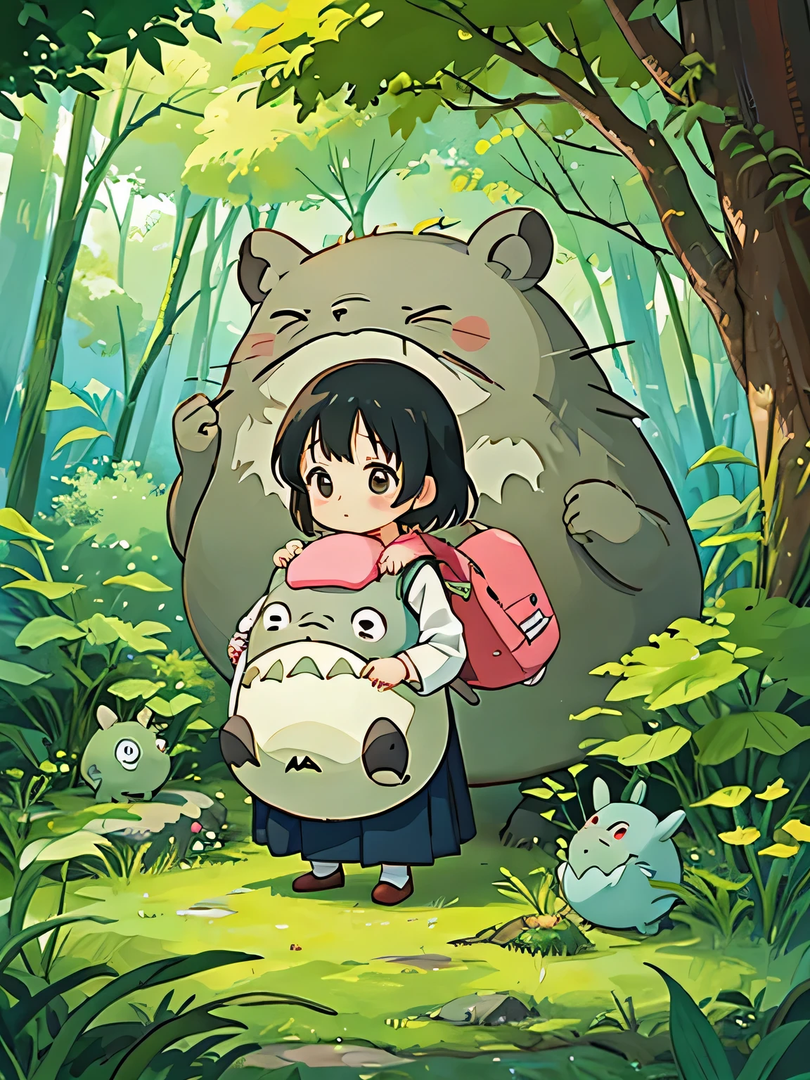 Hayao Miyazaki style、Kawaii Design, The most beautiful girl of all time、chibi, hug, カラフルでかわいいダンゴムシ, Totoro Forest