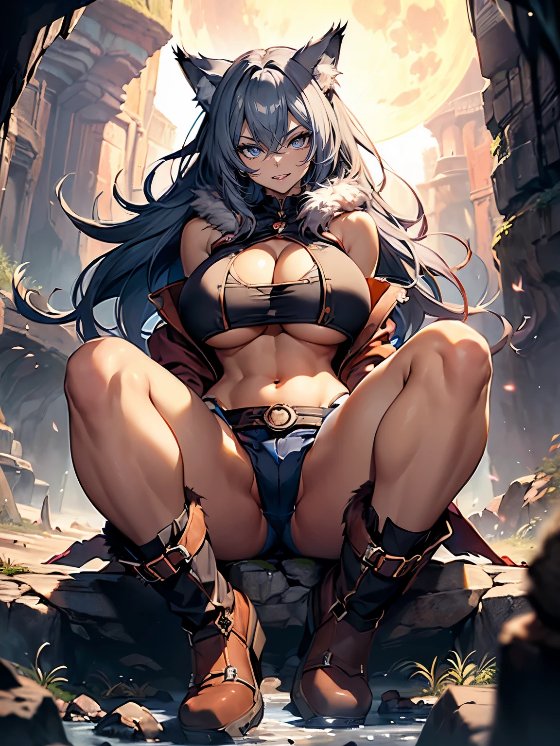 ((Seductive Anime lady:1.3, solo:1.5))、((fusion of wolf and lady:1.4))、((open legs sitting, on the big rock))、((gray color, fur and lather clothes))、((fur boots))、((looking down at viewer))、((from below))、((wild:1.3))、((Being in cave:1.3)), ((fullmoon night))、((slant eyes))、erect nipples、((underboob:1.3))、((open clothes:1.2))、((torn and ripped clothes:1.2))、((crop top navel:1.2))、(huge breasts:1.2))、((cleavage))、((highleg))、((sleeveless:1.2))、abdominal muscle、Glossy realistic skin texture、shiny skin、masterpiece, ultra-detailliert, 8k, hiquality, Top image quality, Smooth texture、watercolor