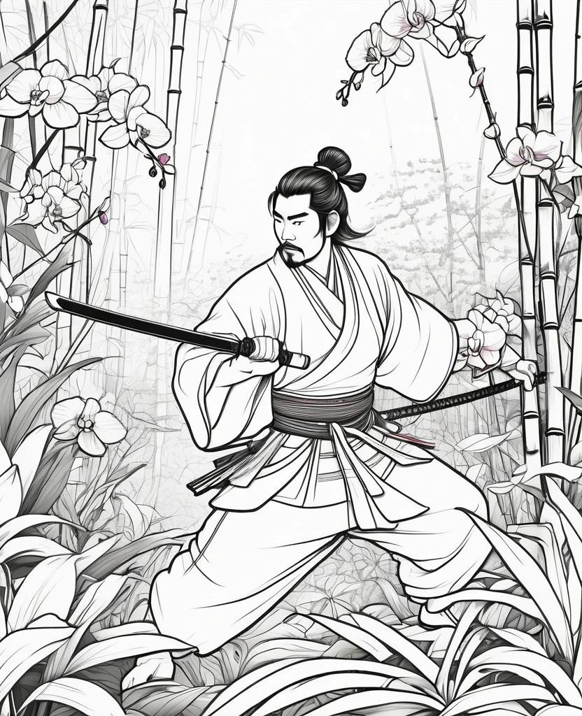 line drawing, Pixar Style, coloring page, A Samurai Fighting Among Vibrant Orchids in an Asian-Inspired Bamboo Forest, Coloring bookAF,Blank white background,Coloring bookRedmond-ColoringBook