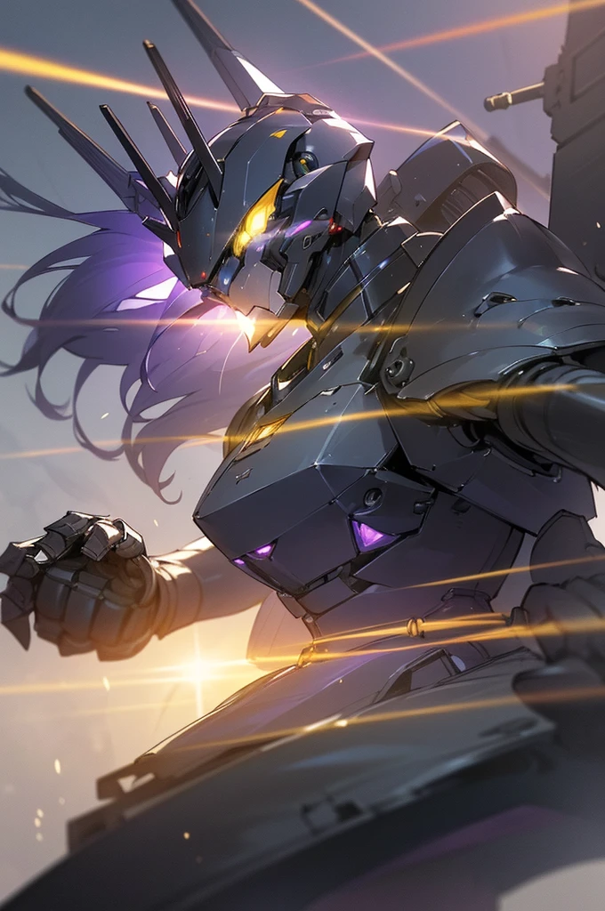 {masterpiece, distinct_image, extremely detailed CG, (extremely detailed fine touch:1.2),action manga, monochrome, sketch,ink splashing, (natural light, sun light, light rays, dappled light, ray tracing:1.2), glitter, purple_light, (glow_black_upper_body, front_light:1.3), {1mecha, fist_focus, upper_body, dynamic angle, standing, fighting stance, attack, punching, clenched hand},{(black_colored_upper_body_machine armor, mecha head, Very Huge Mechanical Gauntlets:1.3), (purple_glowing_eye:1.2) , no_holding_weapon}}