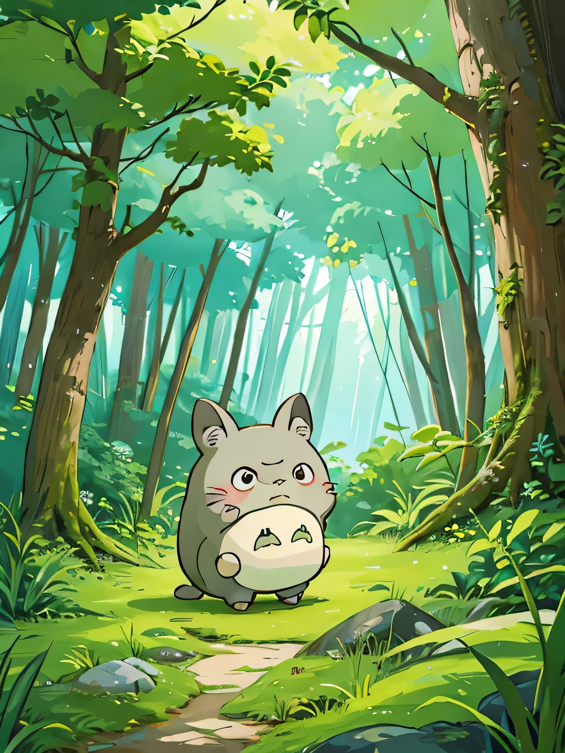 Hayao Miyazaki style、Kawaii Design, The most beautiful girl of all time、chibi, hug, カラフルでかわいいダンゴムシ, Totoro Forest
