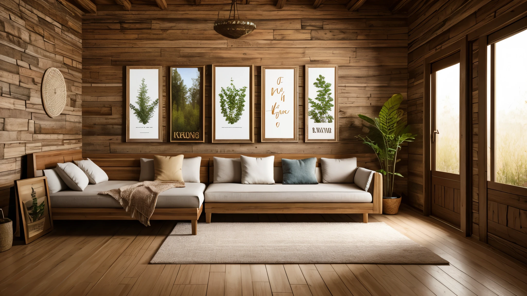 Mockup frame in nomadic boho interior background with rustic decor, 3d render